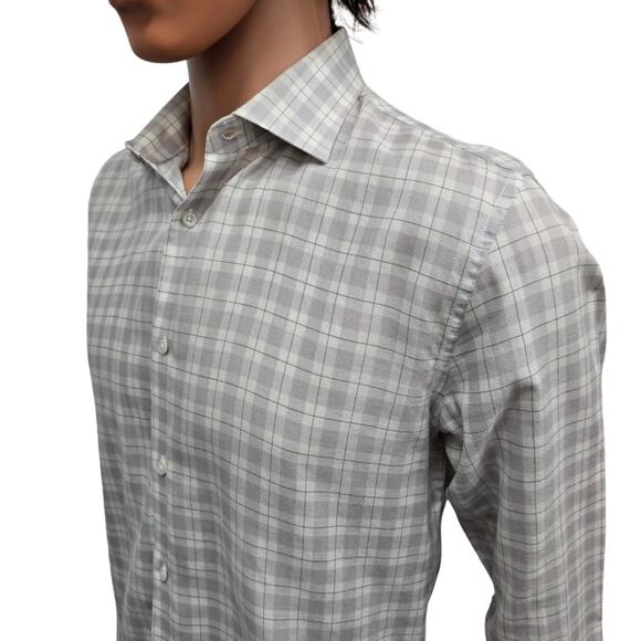 REISS Dress Shirt Men M Slim Fit Woven Gray Check Plaid Long Sleeves Cotton - Picture 7 of 12